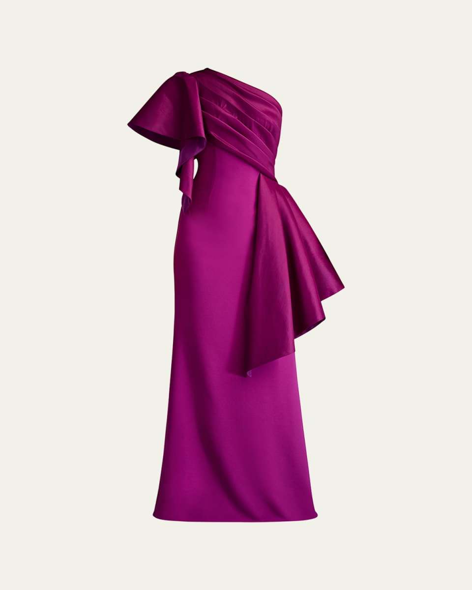 Draped One-Shoulder Taffeta Crepe Gown